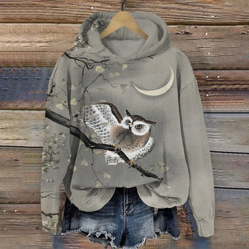 Vintage Owl & Moonlight Art Print Long Sleeved Hoodie - Grey - US44-46(8XL) - image 1
