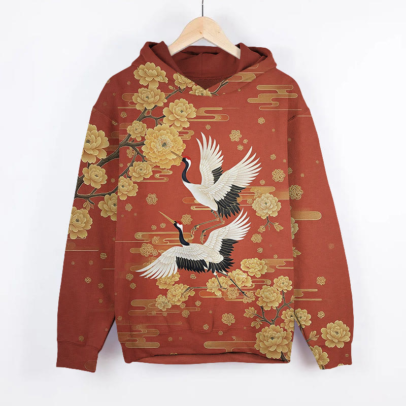 Vintage White Crane & Golden Floral Pattern Art Print Long Sleeve Hoodie - Red - US44-46(8XL) - image 1