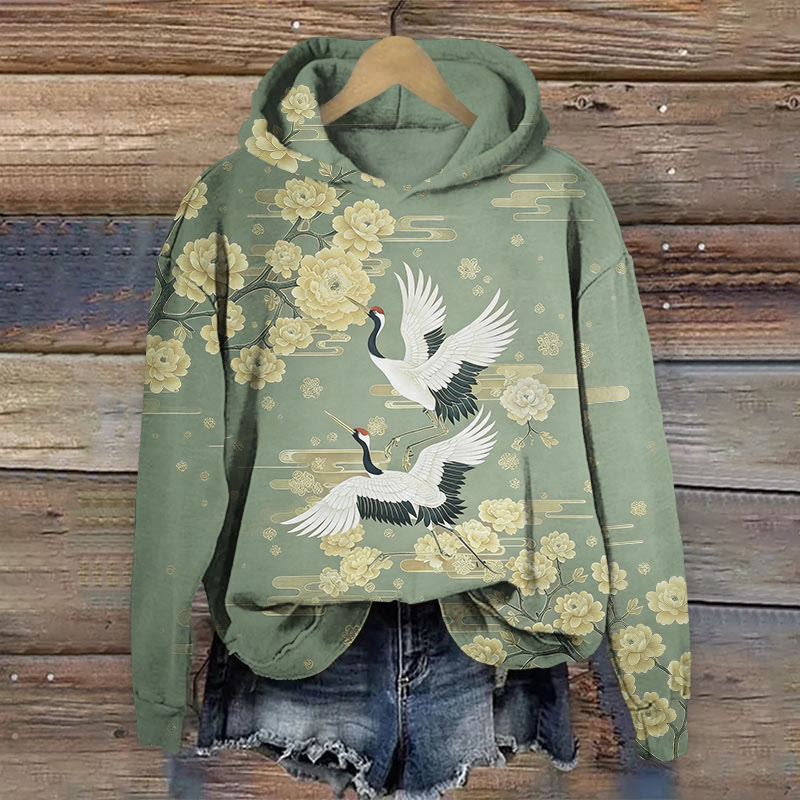 Vintage White Crane & Golden Floral Pattern Art Print Long Sleeve Hoodie - image 4