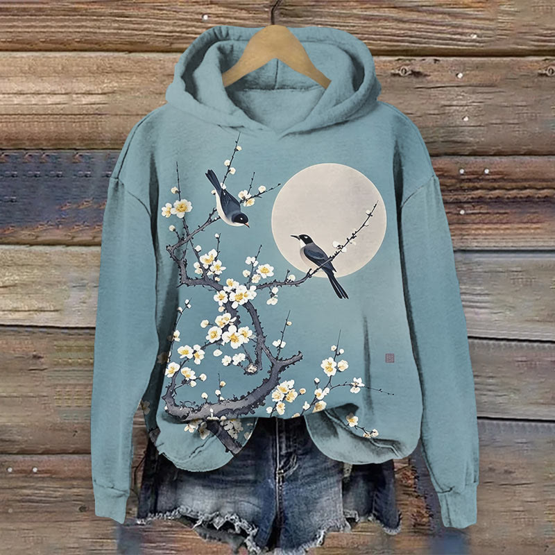Vintage Plum Blossoms And Nightingale Art Print Long Sleeve Hoodie - Blue - US44-46(8XL) - image 1