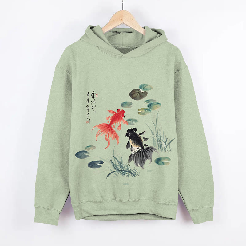Japanese Watercolor Lovely Goldfish Art Print Long Sleeve Hoodie - Green - US44-46(8XL) - image 2