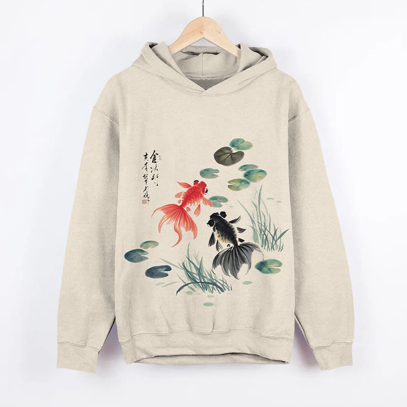 Japanese Watercolor Lovely Goldfish Art Print Long Sleeve Hoodie - Apricot - US44-46(8XL) - image 1
