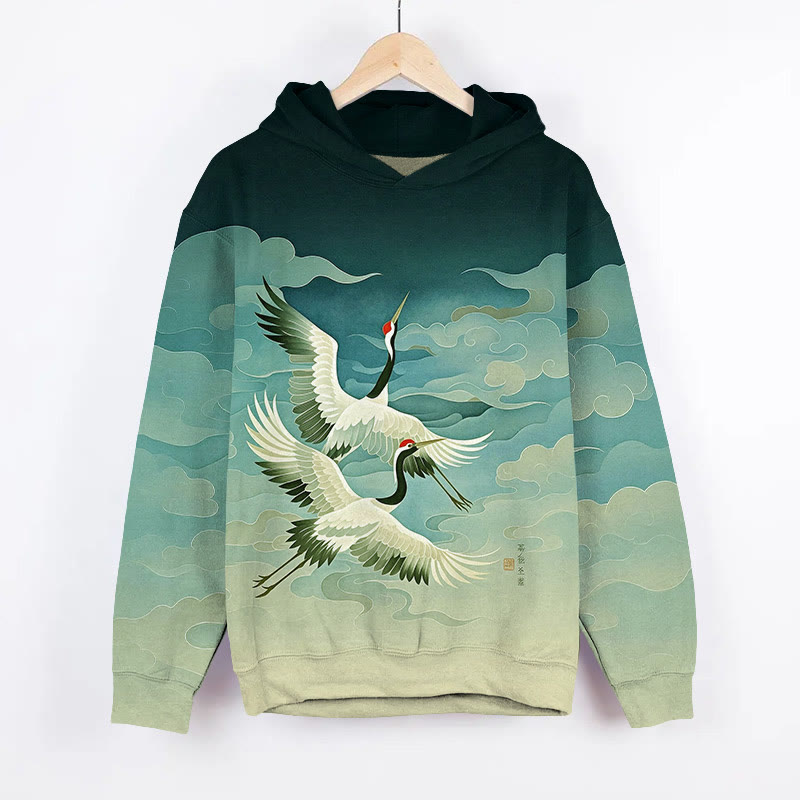 Japanese Flying Cranes In The Sky Art Print Long Sleeve Hoodie - Green - US44-46(8XL) - image 2