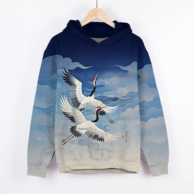 Japanese Flying Cranes In The Sky Art Print Long Sleeve Hoodie - Blue - US44-46(8XL) - image 1