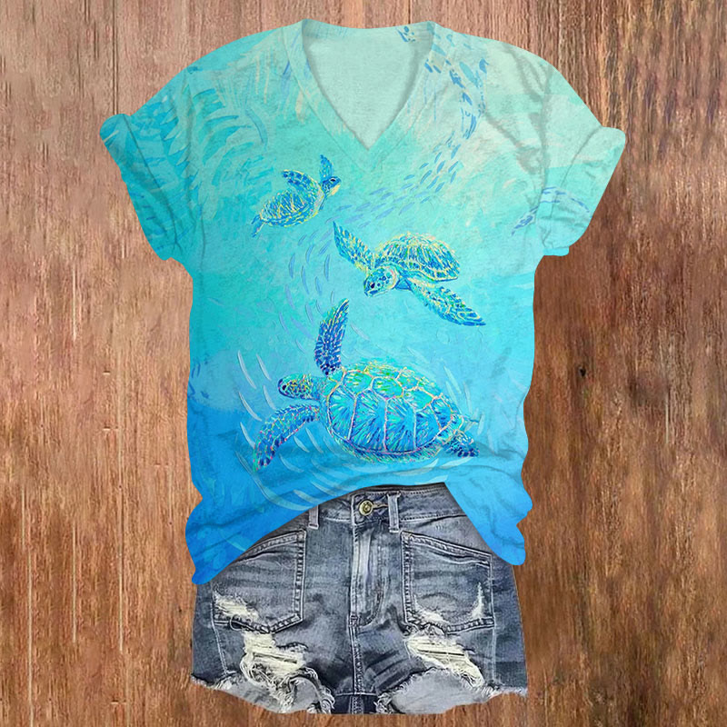 Ocean Sea Turtle Art Print Short Sleeved V-neck T-shirt - Blue - US32-34(5XL) - image 1
