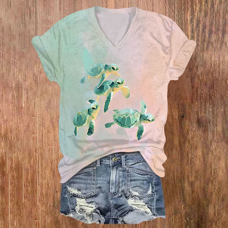Ocean-inspired Sea Turtle Art Print Short Sleeved V-neck T-shirt - Pink - US32-34(5XL) - image 1