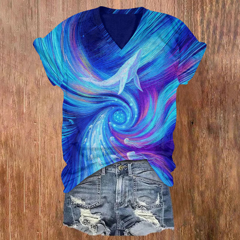 Galaxy-inspired Ocean Swirl Art Print Short Sleeved V-neck T-shirt - Blue - US32-34(5XL) - image 1