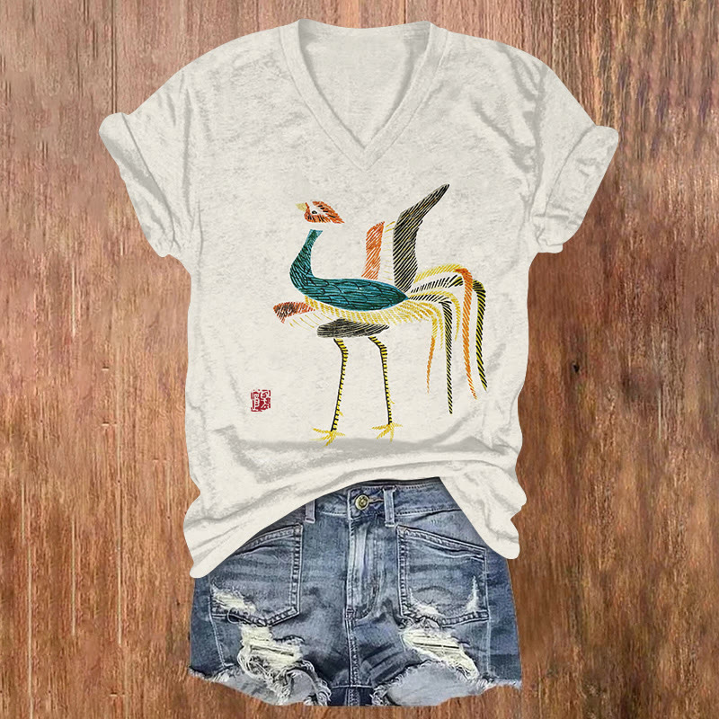 Traditional Japanese Art Print Short Sleeved V-neck T-shirt - Apricot - US32-34(5XL) - image 1