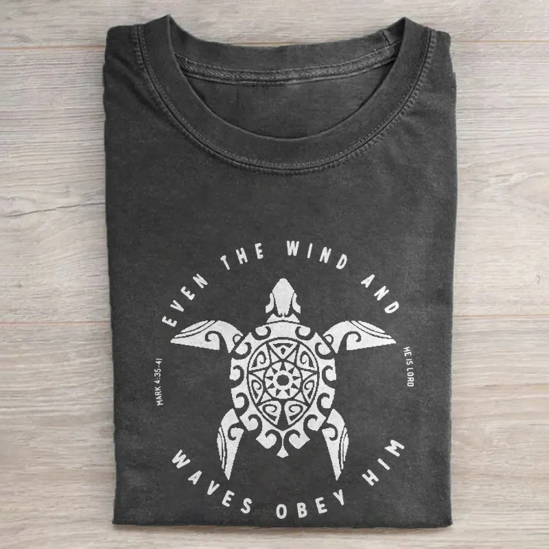 Ocean Turtle Mark 4:35-41 Pattern print Acid Washed T-shirt - White - US20-22(3XL) - image 2