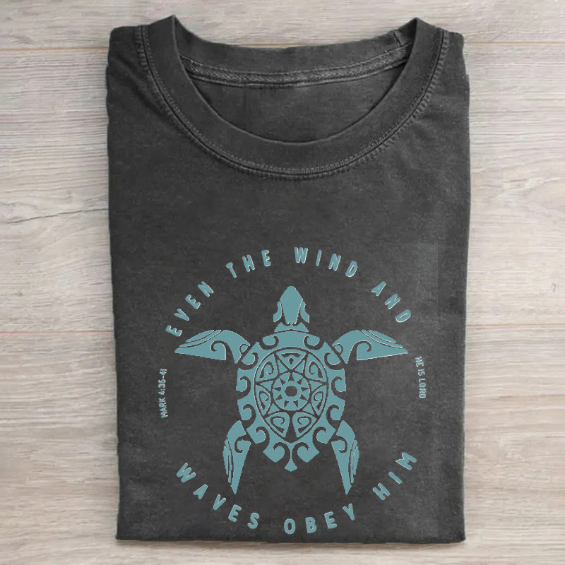 Ocean Turtle Mark 4:35-41 Pattern print Acid Washed T-shirt - Light Blue - US20-22(3XL) - image 1