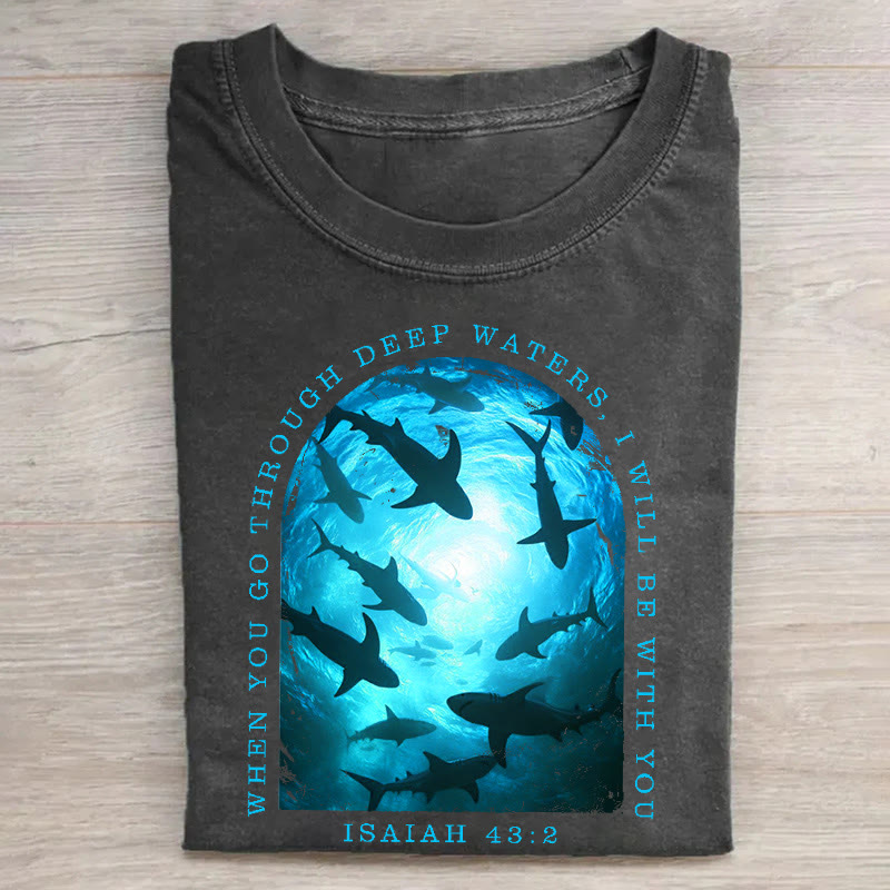 Deep Sea Whale Isaiah 43:2 Faith Pattern print Acid Washed T-shirt - Light Blue - US20-22(3XL) - image 1