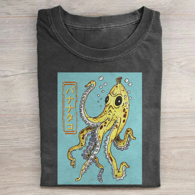 Japanese Banana Octopus Pattern Print Acid Washed T-shirt - Black - US20-22(3XL) - image 1
