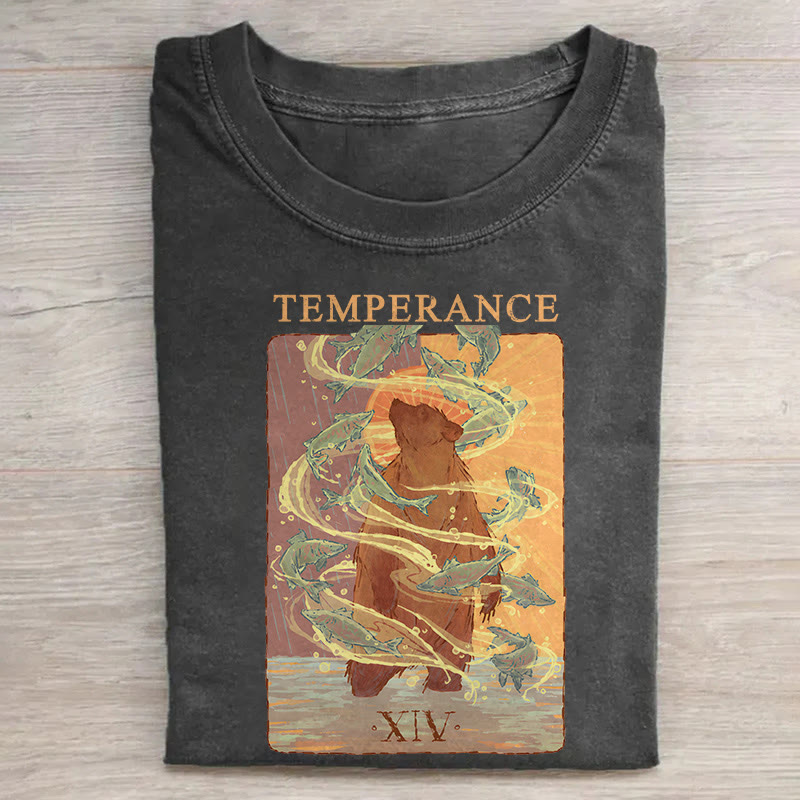 Tarot Temperance Bear And Fishes Pattern Print Acid Washed T-shirt - Black - US20-22(3XL) - image 1