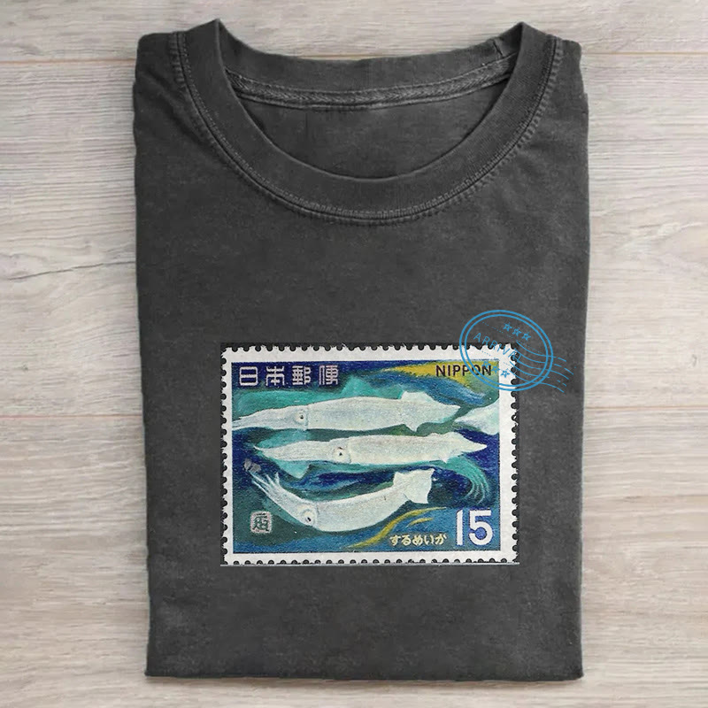 Japanese Ocean Squid Stamp Pattern Print Acid Washed T-shirt - Black - US20-22(3XL) - image 1