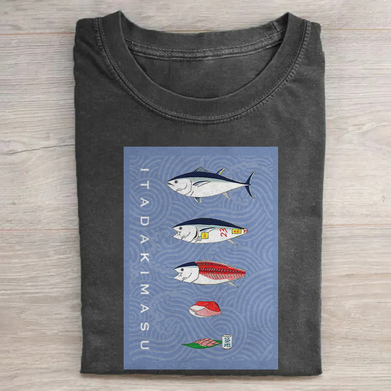 Japanese Funny Hobby Salmon Pattern Print Acid Washed T-shirt - Black - US20-22(3XL) - image 1