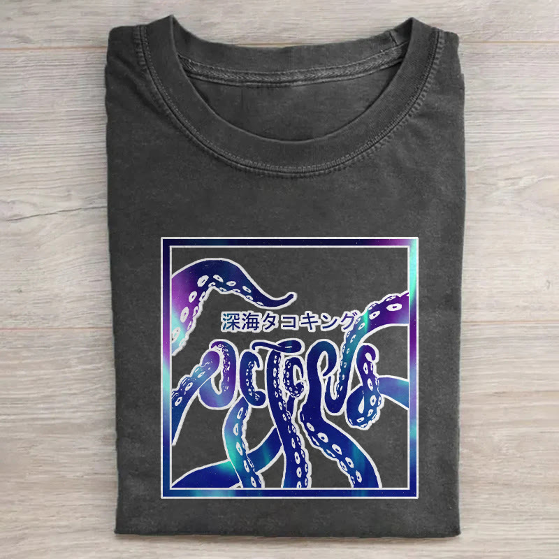 Japanese Deep-sea Aurora Octopus Pattern Print Acid Washed T-shirt - Black - US20-22(3XL) - image 1