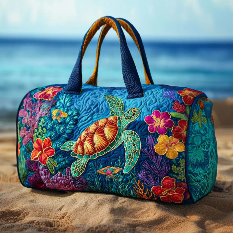 Boho Beach Turtle And Coral Pattern Print Quilted Duffle Bag - Dark Blue - one size - image 1