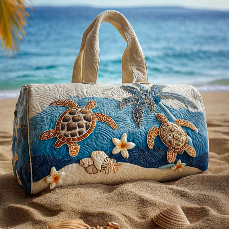 Beach Turtle Palm Tree Pattern Print Quilted Duffle Bag - White - one size - image 1