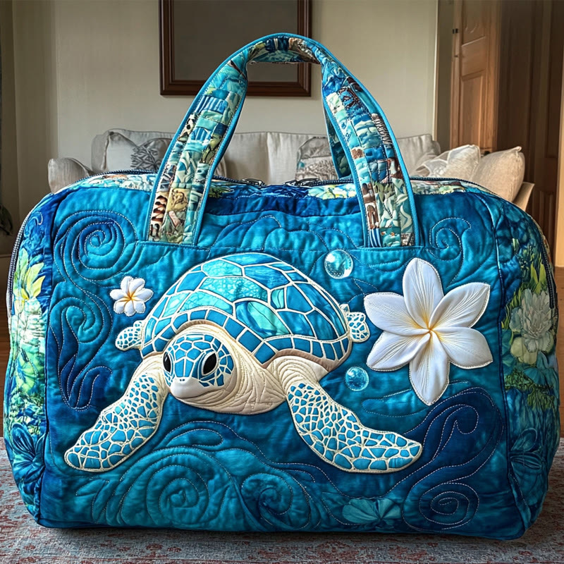 Ocean Turtle Plumeria Floral Art Pattern Print Quilted Duffle Bag - Blue - one size - image 1