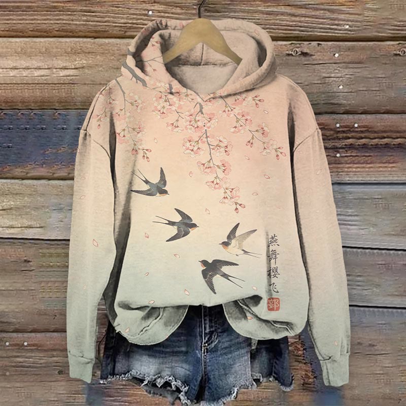Vintage Sakura Blossom & Swallow Art Print Long Sleeve Hoodie - image 2