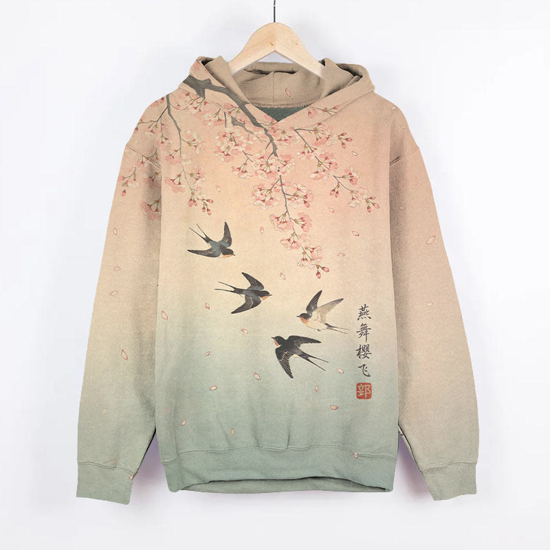 Vintage Sakura Blossom & Swallow Art Print Long Sleeve Hoodie - Pink - US44-46(8XL) - image 1