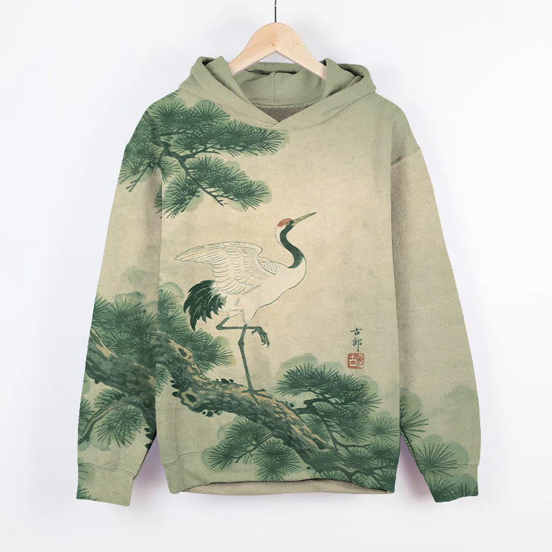 Vintage Elegant White Crane On The Pine Tree Art Print Long Sleeve Hoodie - Green - US44-46(8XL) - image 2