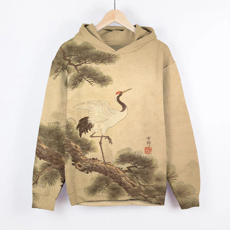 Vintage Elegant White Crane On The Pine Tree Art Print Long Sleeve Hoodie - Apricot - US44-46(8XL) - image 1