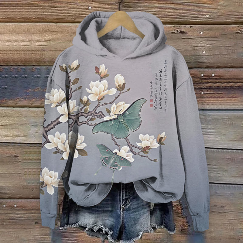 Vintage White Magnolia Flower & Butterfly Art Print Long Sleeve Hoodie - image 2