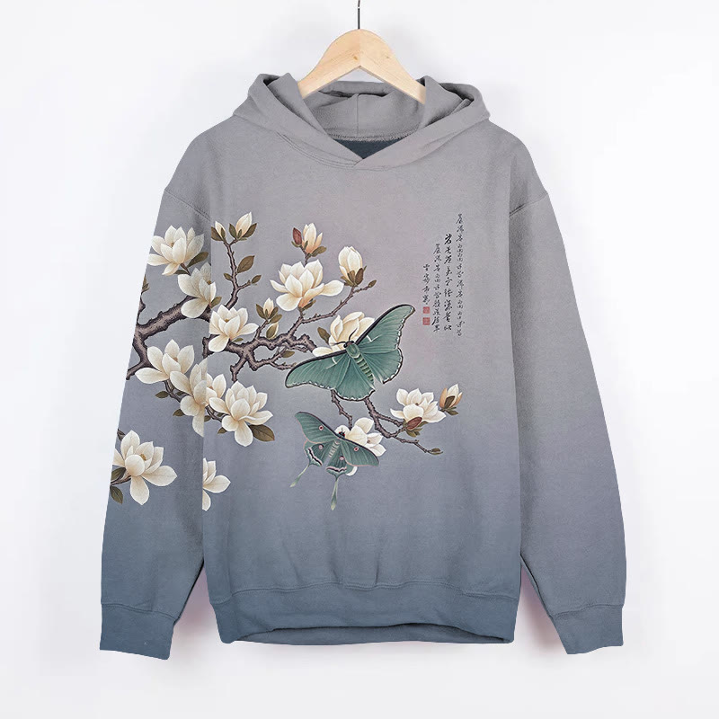 Vintage White Magnolia Flower & Butterfly Art Print Long Sleeve Hoodie - Grey - US44-46(8XL) - image 1