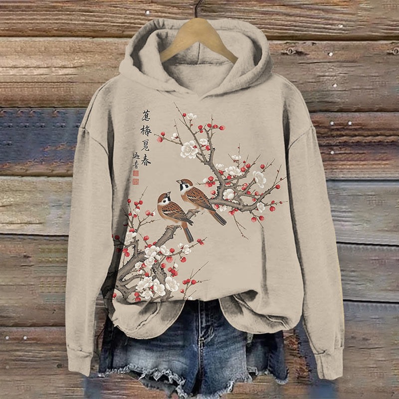Vintage Spring Plum Blossom & Birds Art Print Long Sleeve Hoodie - image 2
