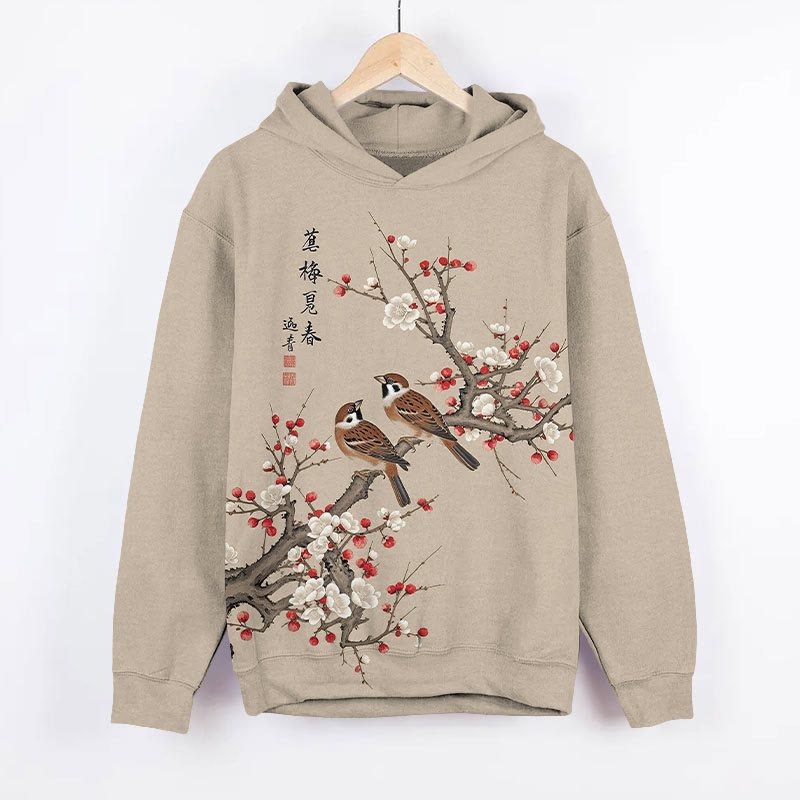 Vintage Spring Plum Blossom & Birds Art Print Long Sleeve Hoodie - Khaki - US44-46(8XL) - image 1