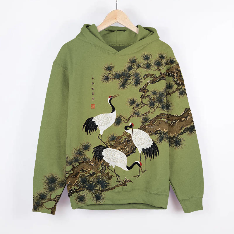 Vintage White Cranes Resting Around Pine Tree Art Print Long Sleeve Hoodie - Green - US44-46(8XL) - image 2