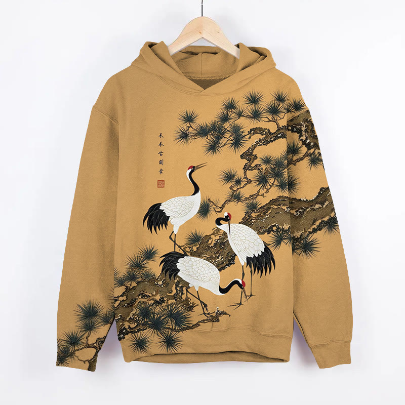 Vintage White Cranes Resting Around Pine Tree Art Print Long Sleeve Hoodie - Camel - US44-46(8XL) - image 1