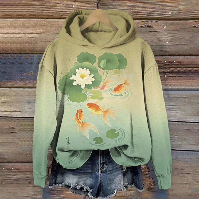 Lovely Cartoon Goldfish In Lotus Pond Art Print Long Sleeve Hoodie - image 2