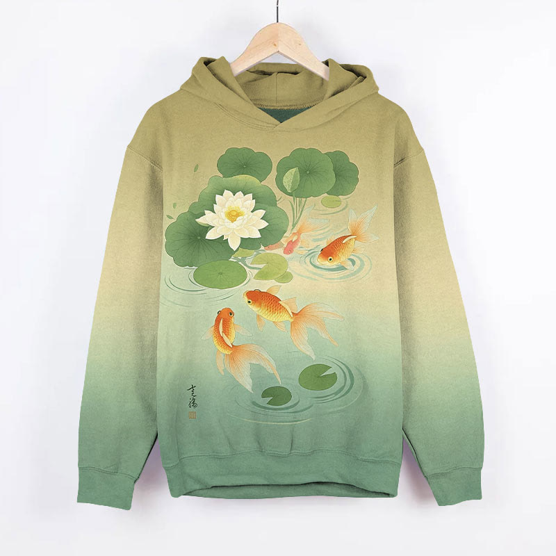 Lovely Cartoon Goldfish In Lotus Pond Art Print Long Sleeve Hoodie - Green - US44-46(8XL) - image 1