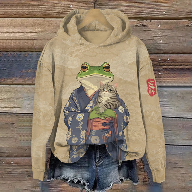 Unisex Japanese Fun Kimono Frog And Cat Pattern Art Print Long Sleeved Hoodie - Apricot - US44-46(8XL) - image 1