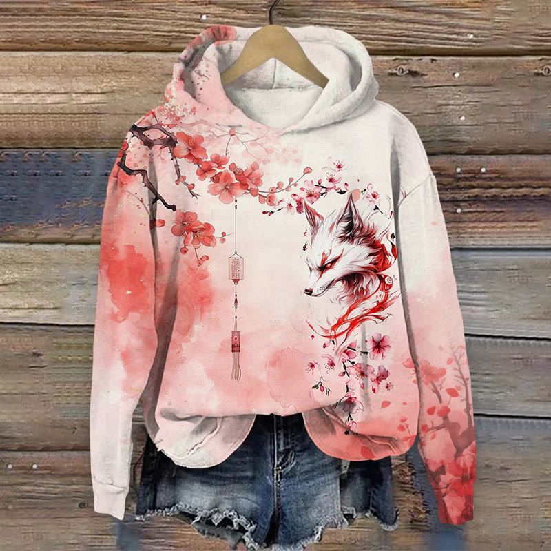 Unisex Japanese Sakura Cherry Blossom Fox Pattern Art Print Long Sleeved Hoodie - Red - US44-46(8XL) - image 1