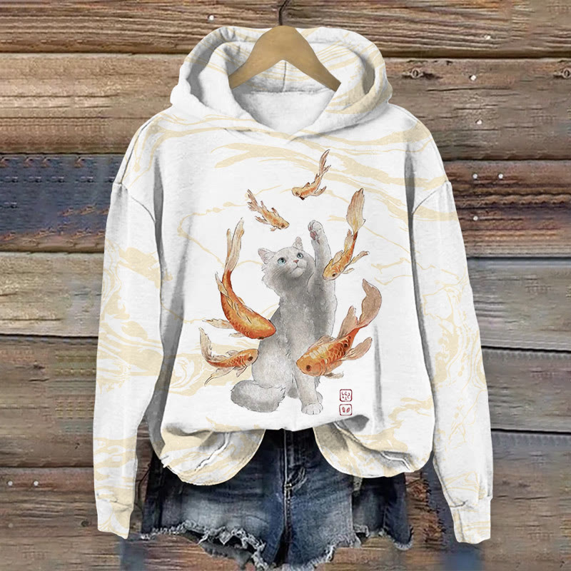Unisex Japanese Lucky Koi And Cat Pattern Art Print Long Sleeved Hoodie - White - US44-46(8XL) - image 1