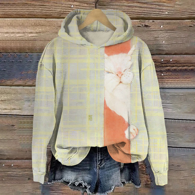 Unisex Japanese Kawaii White Cat Plaid Pattern Art Print Long Sleeved Hoodie - Orange - US44-46(8XL) - image 1