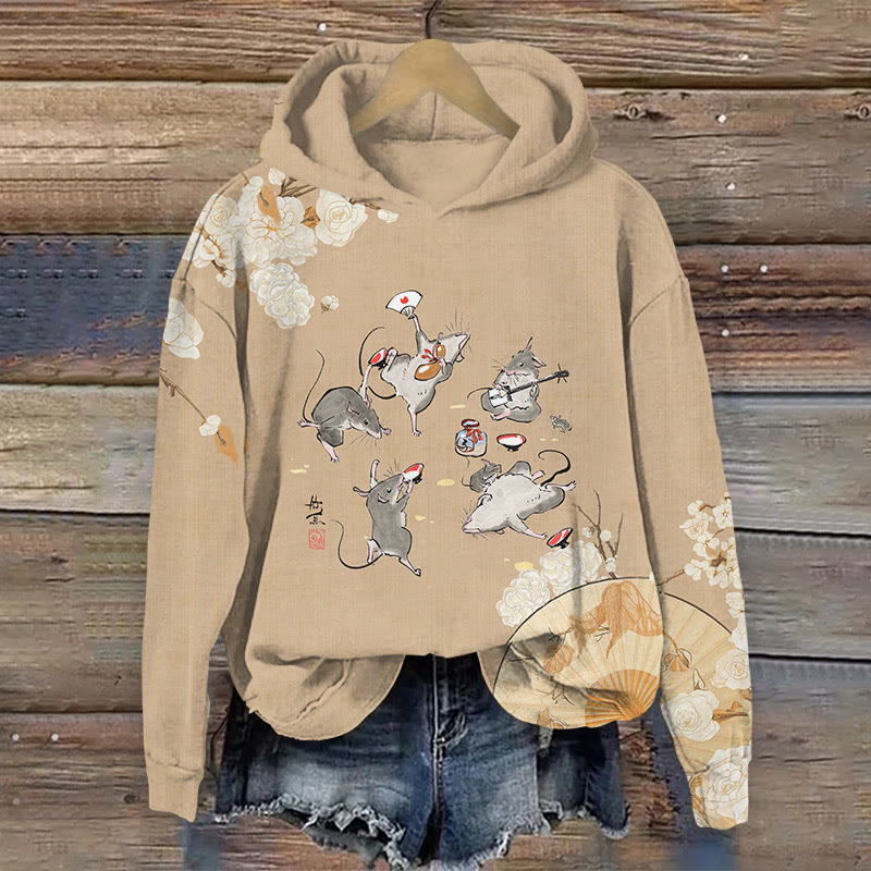 Unisex Japanese Traditional Mouse Banquet Pattern Art Print Long Sleeved Hoodie - Apricot - US44-46(8XL) - image 1