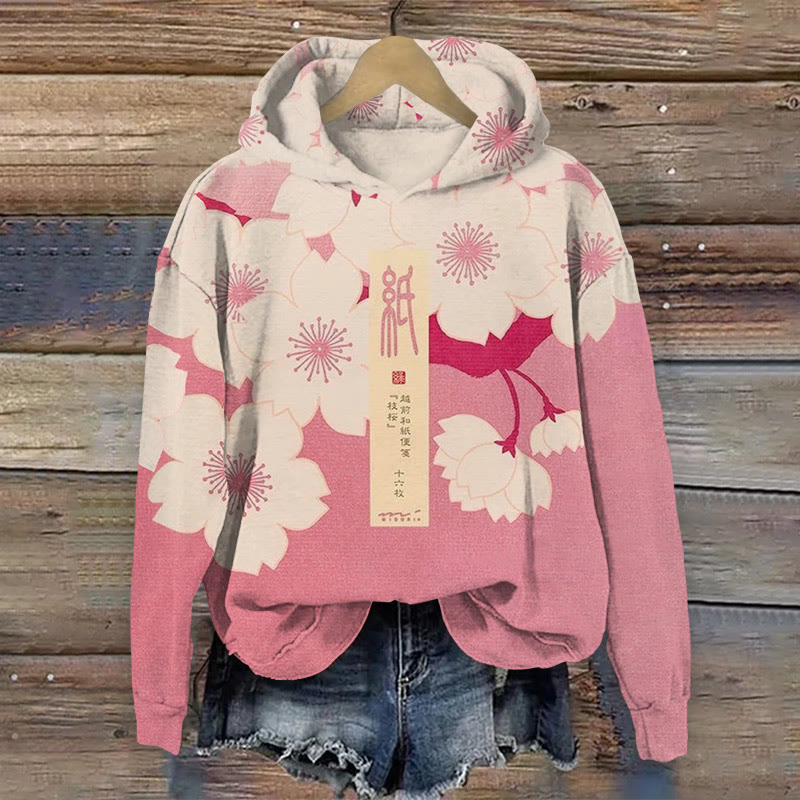 Unisex Japanese Sakura Cherry Blossom Stationery  Pattern Art Print Long Sleeved Hoodie - Pink - US44-46(8XL) - image 1