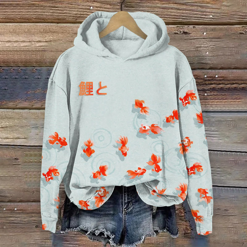 Unisex Japanese Traditional Goldfish Water Ripple Pattern Art Print Long Sleeved Hoodie - Light Green - US44-46(8XL) - image 1