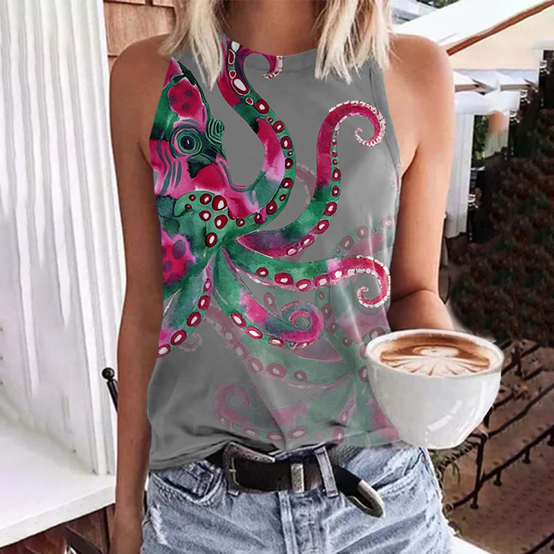 Watercolor Art Octopus Pattern Print Crew Neck Tank Top - Light Gray - 5XL - image 2