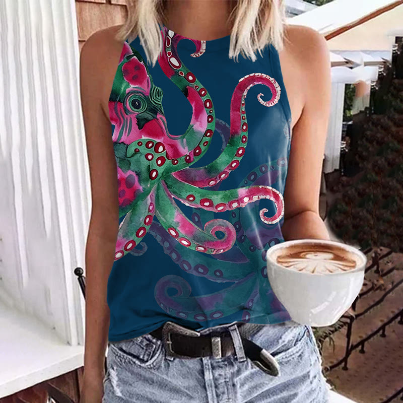 Watercolor Art Octopus Pattern Print Crew Neck Tank Top - Dark Blue - 5XL - image 1