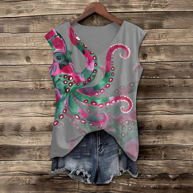Watercolor Art Octopus Pattern Print V-neck Tank Top - Light Gray - 5XL - image 2