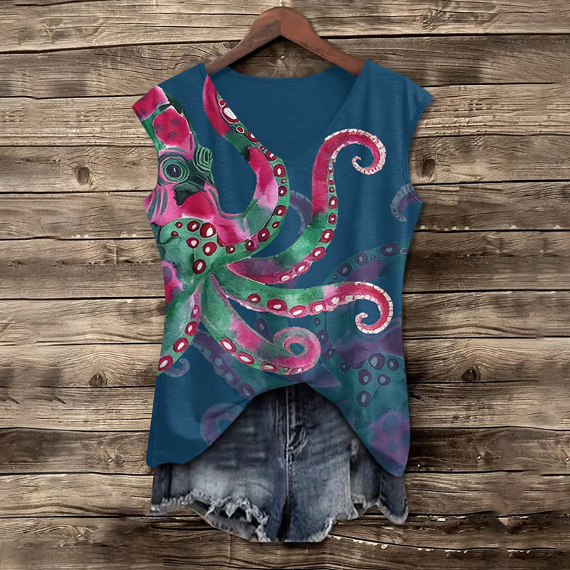 Watercolor Art Octopus Pattern Print V-neck Tank Top - Dark Blue - 5XL - image 1