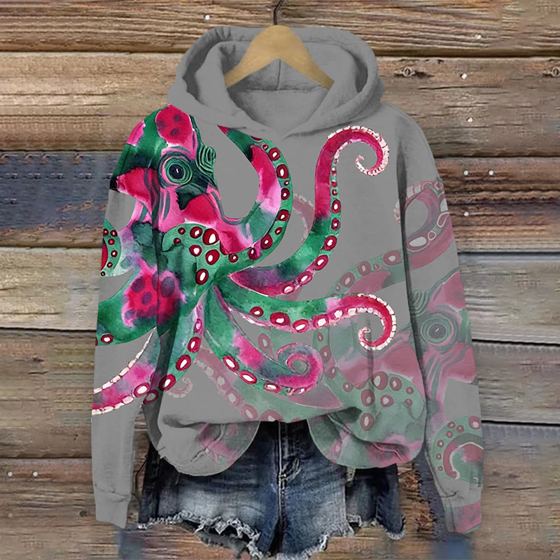 Unisex Watercolor Art Octopus Pattern Print Long Sleeved Hoodie - Light Gray - US44-46(8XL) - image 2