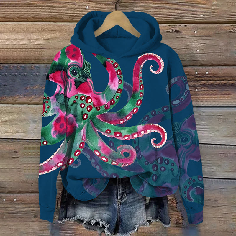 Unisex Watercolor Art Octopus Pattern Print Long Sleeved Hoodie - Dark Blue - US44-46(8XL) - image 1