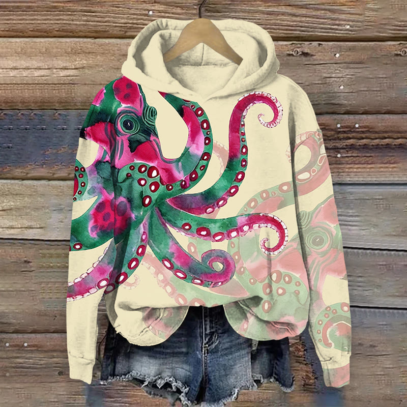 Unisex Watercolor Art Octopus Pattern Print Long Sleeved Hoodie - Apricot - US44-46(8XL) - image 5