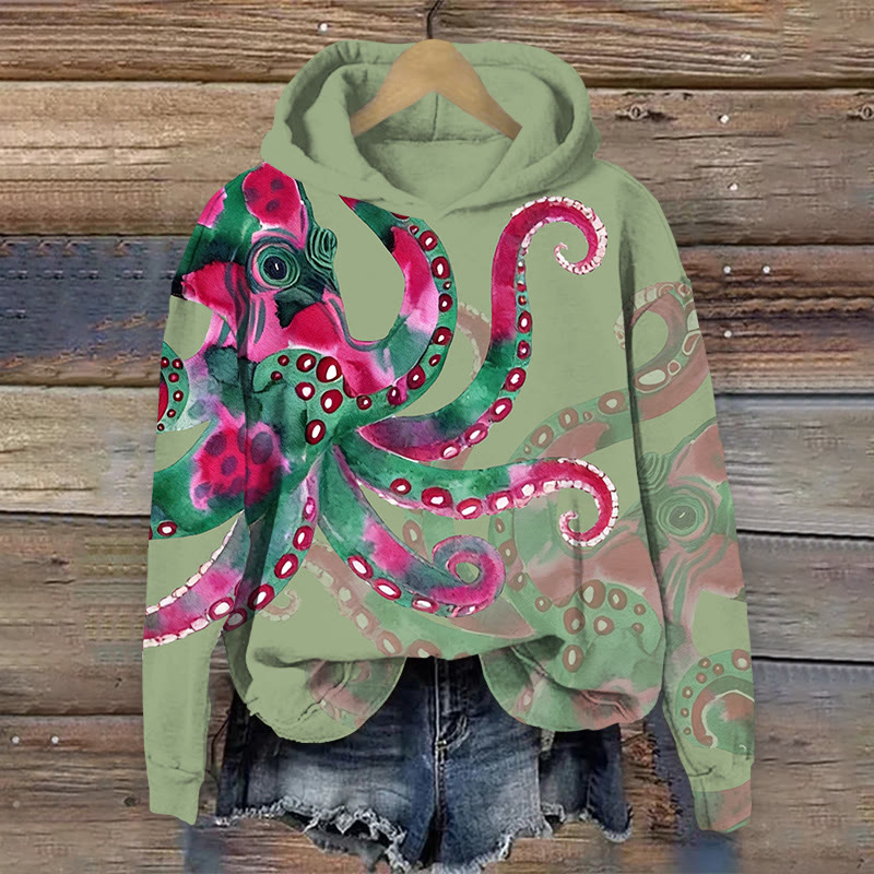 Unisex Watercolor Art Octopus Pattern Print Long Sleeved Hoodie - Light Green - US44-46(8XL) - image 4